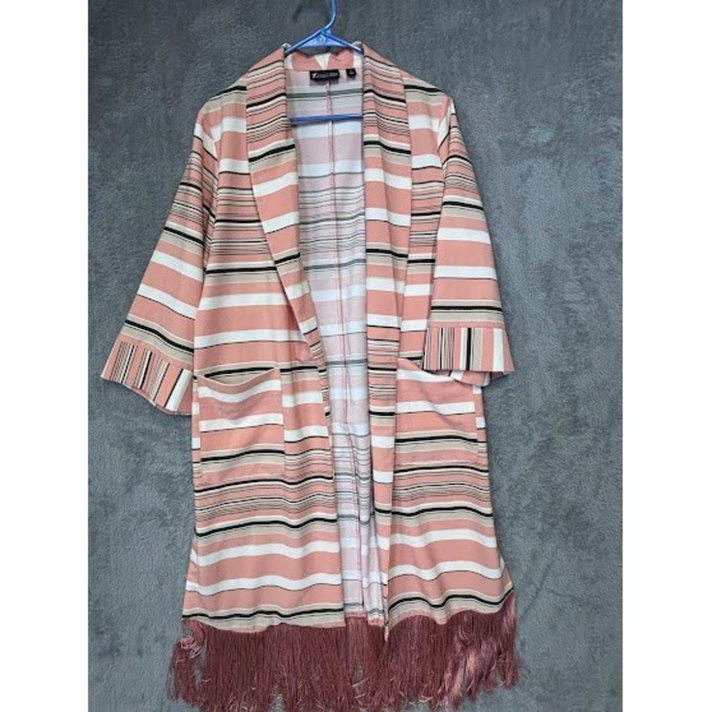 7th Avenue Kimono Duster Jacket S Pink White Black Stripe Fringe Bohemian Casual